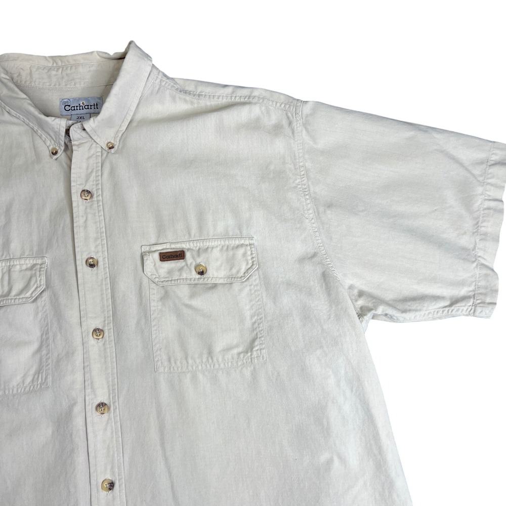 Carhartt Mens 2XL Short Sleeve Button Down Shirt Cream Tan Cotton Workwear